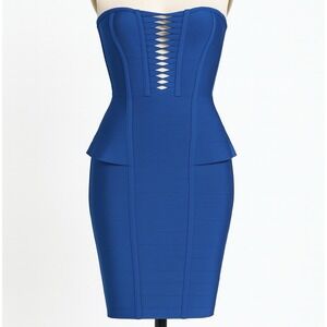 Marciano By Guess Elena‎ Strapless Bandage Dress Blue Peplum Bodycon Sz 6  EU 42